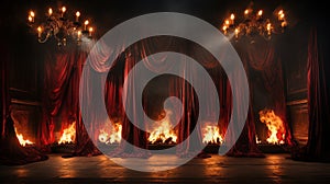 Flaming Theatre Stage with Red Velvet Curtains On Fire. Generative AI