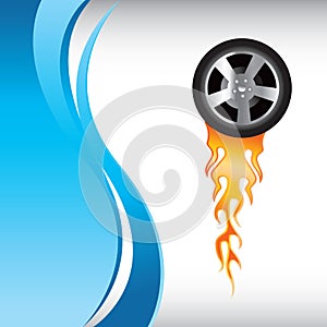 Flaming tire on blue wave background