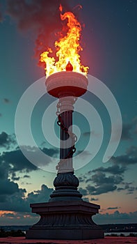 Flaming torch at dusk against dramatic cloudy sky photo