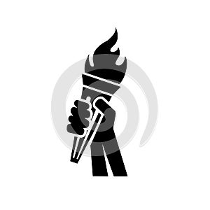 Flaming torch in people hand for sports concept logo vector illustration black design