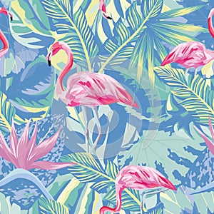 Flamingo in abstract blue foliage leaves backgound