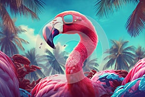 flamingo animal summer hipster bird feather party sunglasses pink tropical. Generative AI.