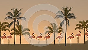 Flamingo on the beach with palm trees. Generated AI