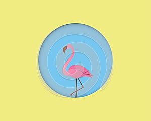 Flamingo bird on blue background with yellow circle frame in paper cut style. Digital craft paper art