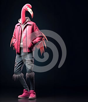 Flamingo bird full body in hip hop stylish fashion isolated on dark background