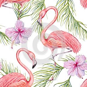 Flamingo bird with green palm leaves and hibiscus flowers seamless pattern. Hand drawn watercolor on white background. Tropical