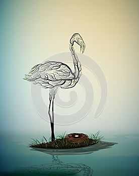 Flamingo bird look like tree branches with the nest, birds extinction concept,