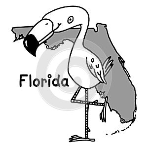 Flamingo bird over Florida map outline illustration on white background