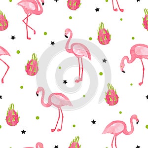 Flamingo bird pattern. Vector seamless watercolor tropical background