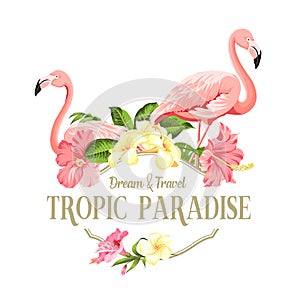 Flamingo bird and plumeria flowers isolated over white background. Tropical birds and flowers illustration. Fashion