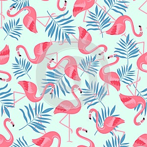 Flamingo Bird and Tropical Flowers Background - Retro seamless pattern
