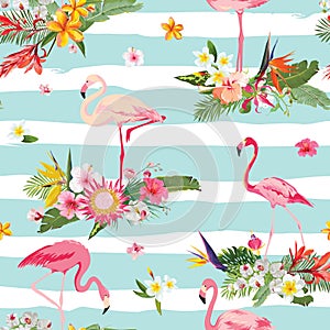 Flamingo Bird and Tropical Flowers Background. Retro Seamless Pattern