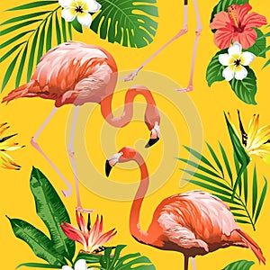 Flamingo Bird and Tropical Flowers Background - Seamless pattern
