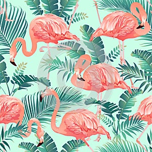 Flamingo Bird and Tropical palm Background Seamless pattern vector.