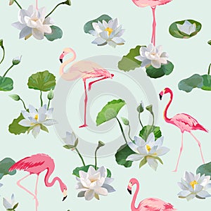 Flamingo Bird and Waterlily Flowers Background. Retro Seamless Pattern