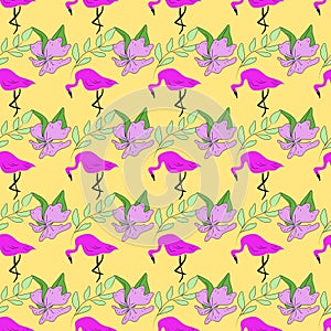 Flamingo birds, exotic flowers, summer, vacation. Vector seamless pattern. Background illustration, decorative design for fabric