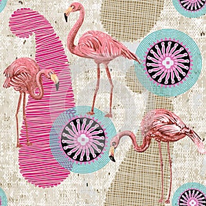 Flamingo on a colorful background. Seamless pattern with flamingos and tropical plants. Colorful pattern for textile