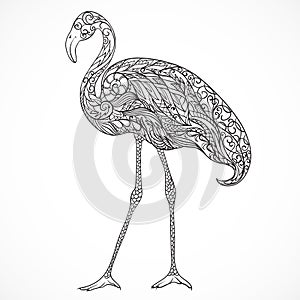 Flamingo decorated with oriental ornaments. Vintage black and white hand drawn vector