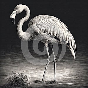 Flamingo, engaving style, close-up portrait, black and white drawing, photo