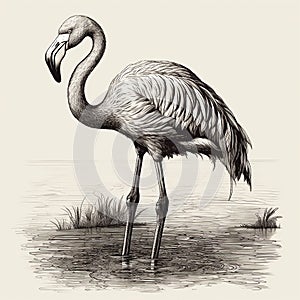 Flamingo, engaving style, close-up portrait, black and white drawing, photo