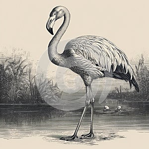Flamingo, engraving style, close-up portrait, black and white drawing,
