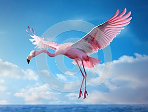 Flamingo in fly. Pink bird on the blue. Action wildlife scene from nature. Nature travel in France. Flying Greater Flamingo