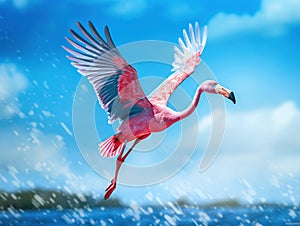 Flamingo in fly. Pink bird on the blue. Action wildlife scene from nature. Nature travel in France. Flying Greater Flamingo
