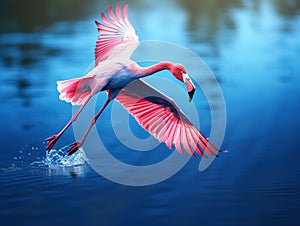 Flamingo in fly. Pink bird on the blue. Action wildlife scene from nature. Nature travel in France. Flying Greater Flamingo