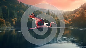 Flamingo Flying Over Forest Lake - Vray Tracing Digital Art