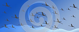 Flamingo Group Flock Silhouette Flying on Blue Gradient  Header Background