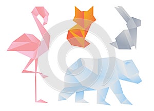 Flamingo, hare, bear, fox. Illustration in origami style, low polly.