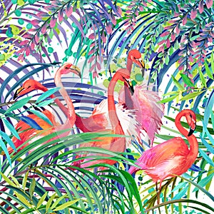 flamingo illustration. Tropical exotic forest, green leaves, wildlife, bird flamingo watercolor illustration.