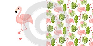 Flamingo illustration on white background. Beautiful floral summer pattern with tropical palm leaves flamingo hibiscus