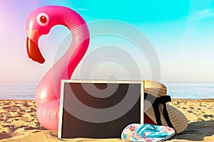 Flamingo isolated. Funny pink toy flamingo with blackboard, slippers and hat for text on summer ocean nature beach