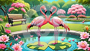 Flamingo love posture heart design pond