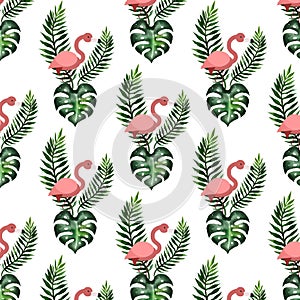 Flamingo and Monstera. Batonic pattern.
