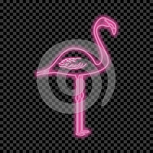 Flamingo neon sign. Glowing and shining bright signboard of pink exotic tropical bird. Vector.