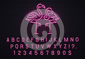 Flamingo neon sign. Pink 80s font. Tropical flamingos electric glow bar billboard with purple light bulb letters vector