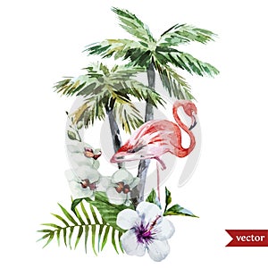 Flamingo with palms and flowers