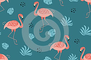 Flamingo pattern Cute pink flamingo tropical leaves. Summer textile background. Vector seamless texture