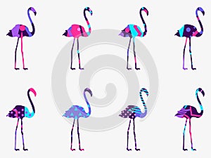 Flamingo with a pattern of geometric shapes, memphis style. A set of birds. Vector