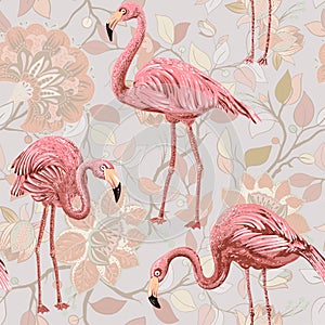 Flamingo on a pink background,. Seamless pattern with flamingos and tropical plants. Vector clipart. Colorful Paisley