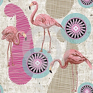 Flamingo on a pink background,. Seamless pattern with flamingos and tropical plants. Vector clipart. Colorful Paisley