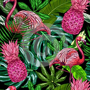 Flamingo, pink pineapples and palm leaves on black background