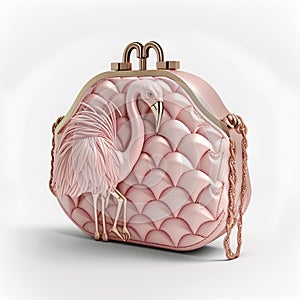 Flamingo in a pink purse on a white background. 3d rendering