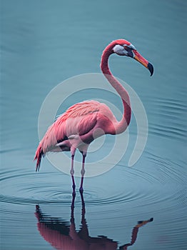 A flamingo\'s long, graceful neck and slender legs as it wades in shallow water