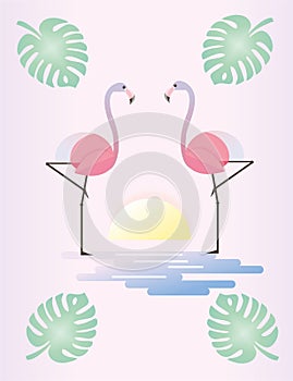 Flamingo, sea and sunset vector design, leaf exotic