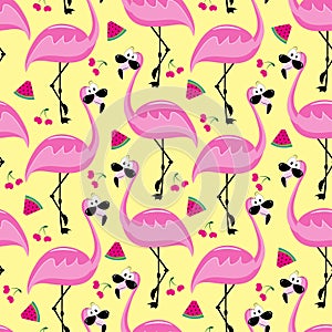 Flamingo seamless pattern and fruits. Funny cartoon Summer decoration