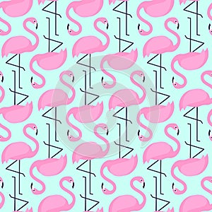 Flamingo seamless pattern on mint green background. Pink flamingo vector background.