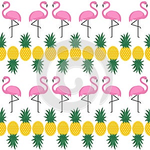 Flamingo seamless pattern with pineapples on white background.